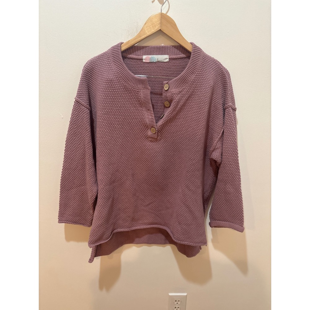 Free People FP Beach Mauve Purple Waffle Knit Henley Sweater XS Relaxed Fit